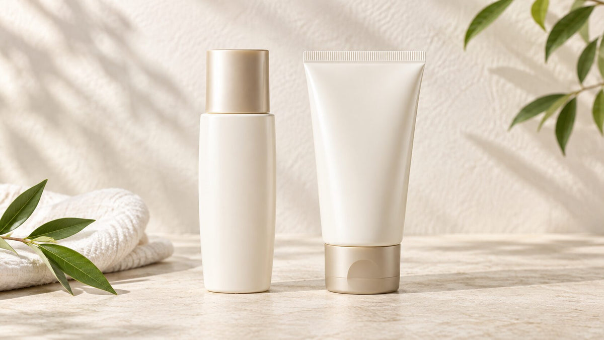 Unbranded sunscreen milk bottle and gel tube displayed side by side in soft daylight