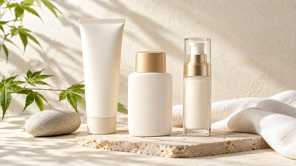 Three unbranded sunscreen containers with a stone, cloth, and green leaves in soft daylight