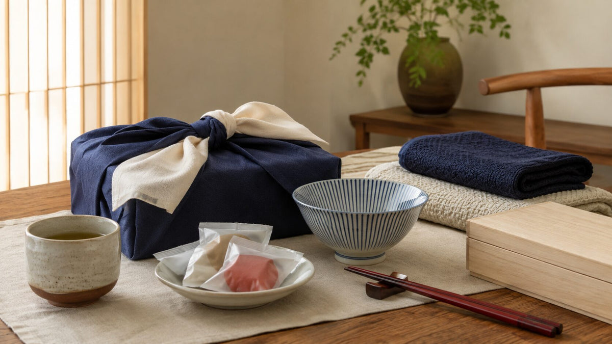 Japanese gifts arranged with furoshiki wrapping, cotton towels, ceramic tableware, lacquered chopsticks, tea, and sweets