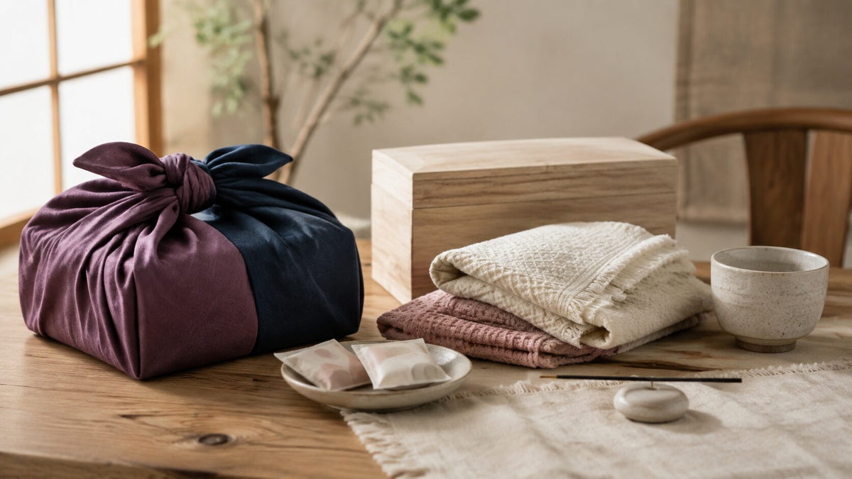 Japanese gift sets for women arranged with furoshiki wrapping, cotton towels, tea, incense, sweets, and a wooden gift box