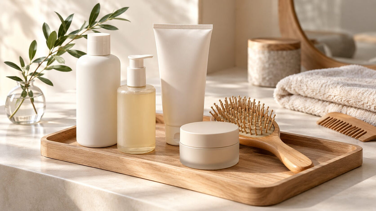Unbranded Japanese haircare products, a wooden brush, and a treatment jar arranged on a wooden tray