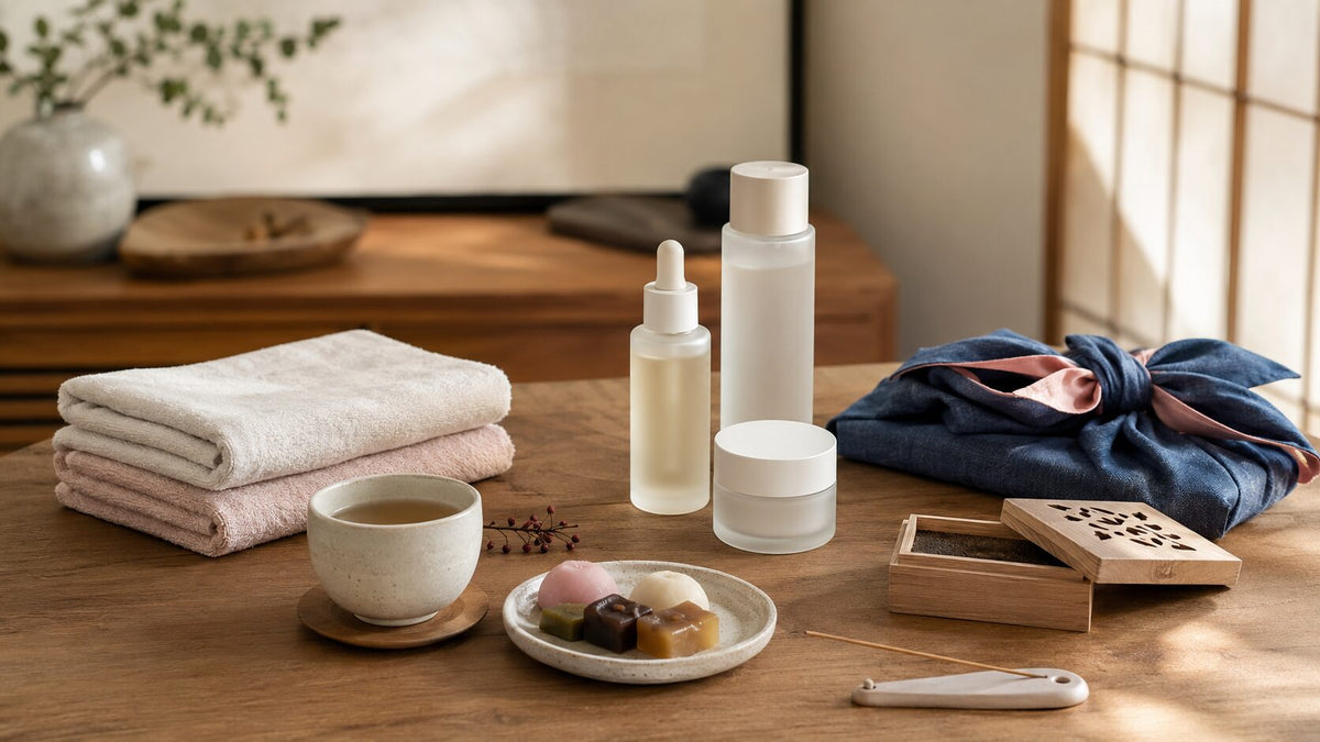 Thoughtful Japanese gifts for women in their 30s arranged with skincare, cotton towels, tea, sweets, incense, and furoshiki