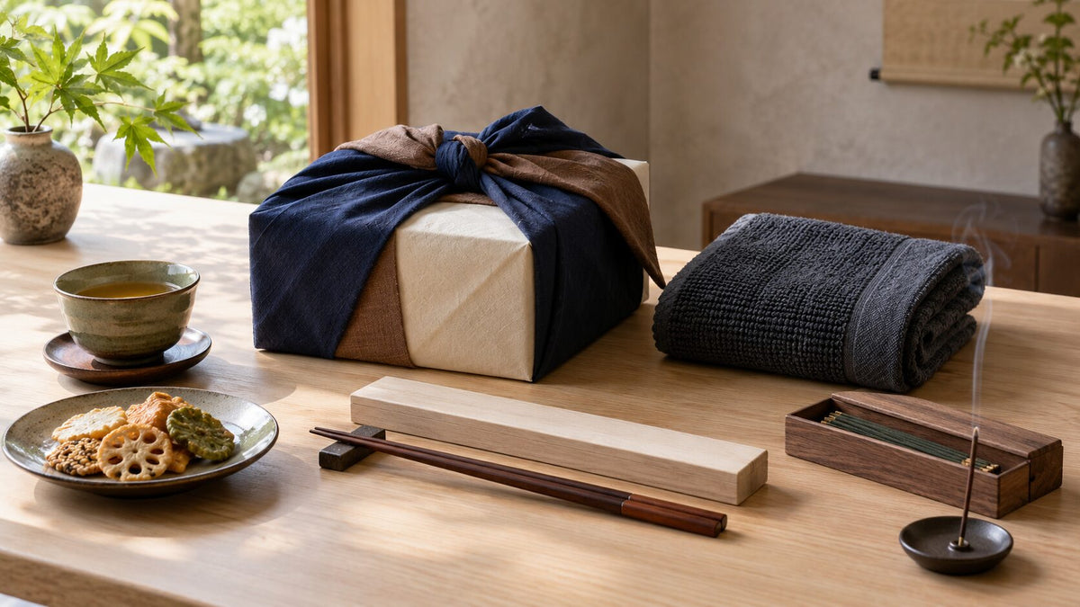Thoughtful Japanese gifts arranged with furoshiki wrapping, tea, snacks, lacquered chopsticks, an Imabari-style towel, and incense