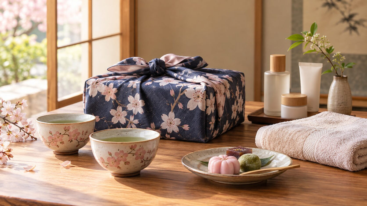 Japanese birthday gift arrangement with furoshiki wrapping, sakura bowls, tea, sweets, towels, and unbranded skincare