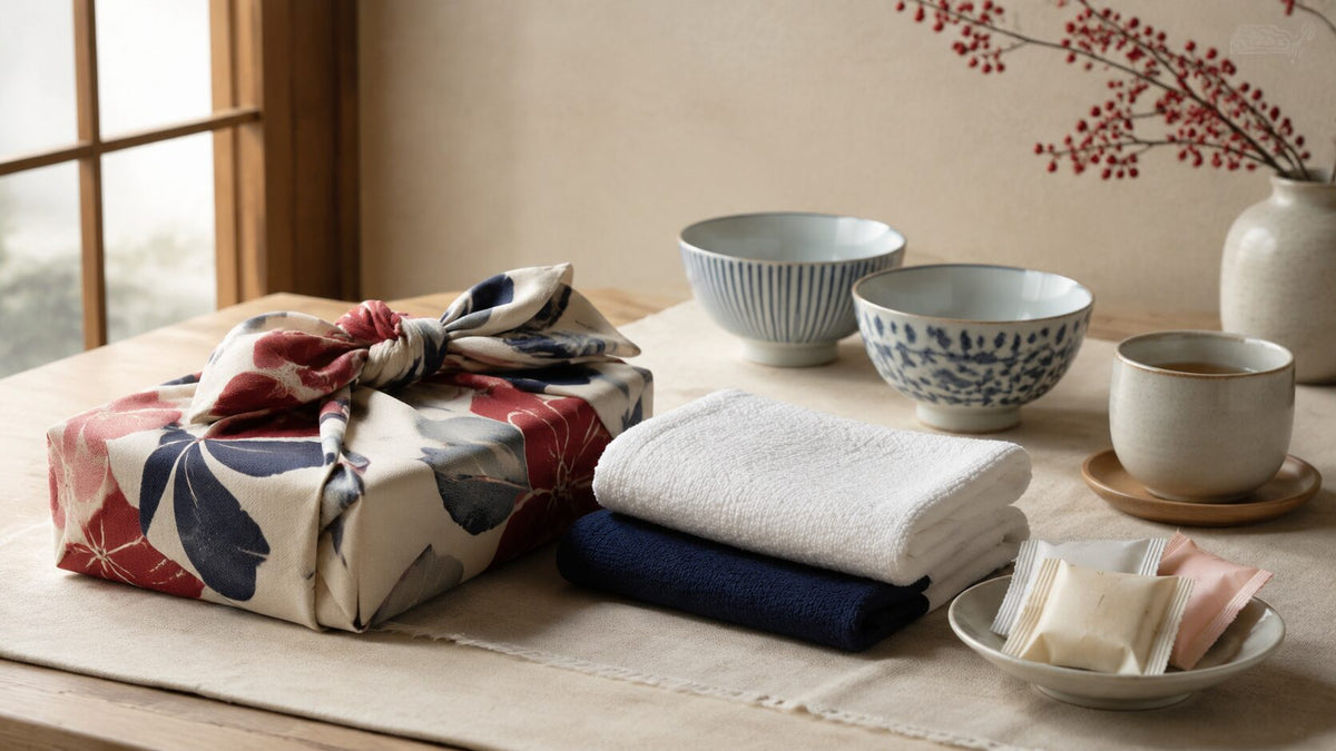 Thoughtfully arranged Japanese gifts for her with furoshiki wrapping, cotton towels, ceramic bowls, tea, and sweets