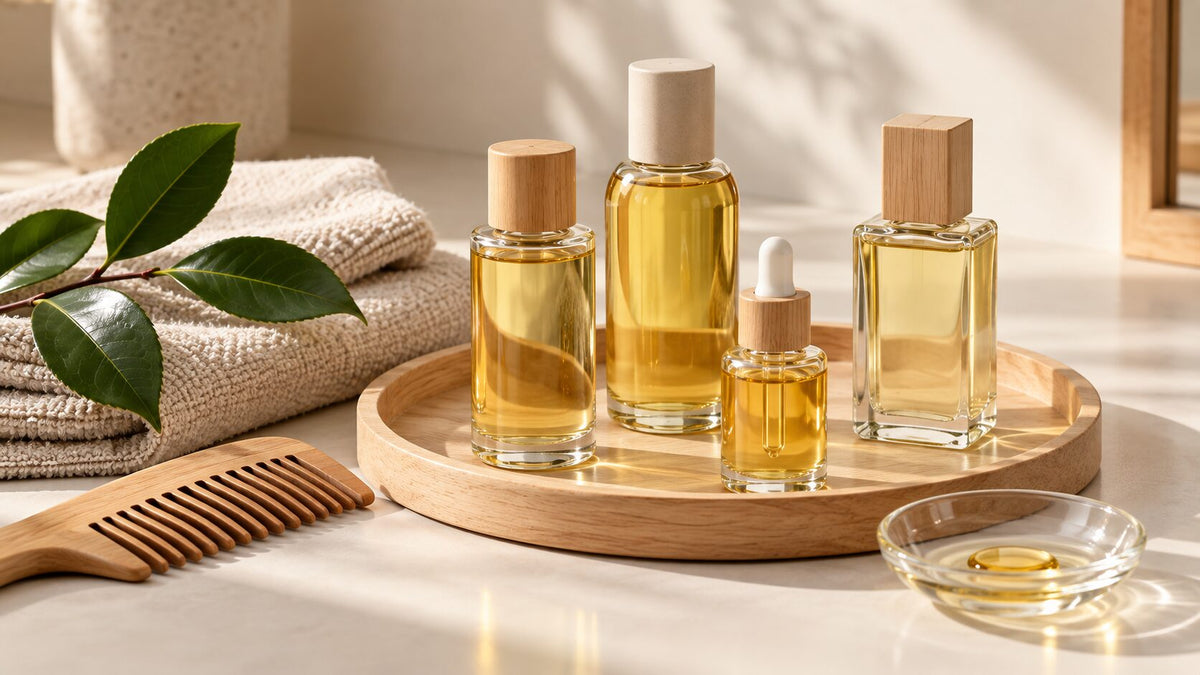 Unbranded Japanese hair oils with a wooden comb, folded towel, and camellia leaves on a wooden tray