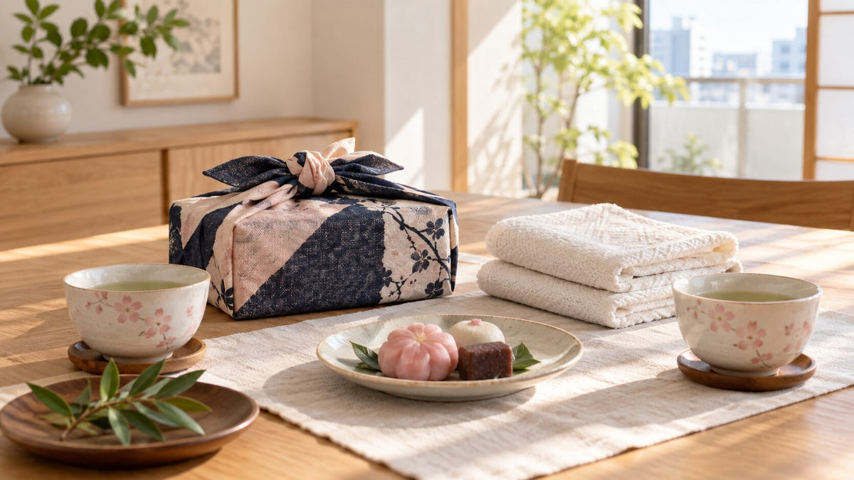 Japanese-inspired housewarming arrangement with wrapped gift, sakura bowls, folded towels, tea, and sweets