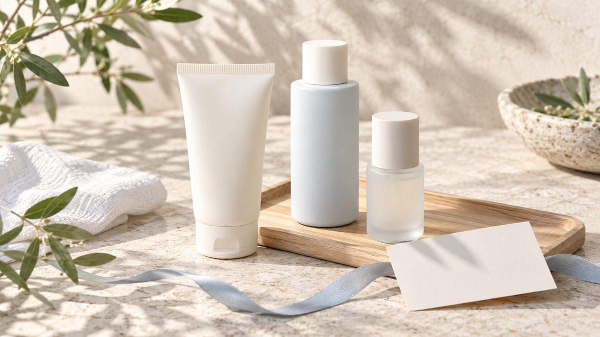 Unbranded sunscreen options with tube, milk bottle, essence bottle, cotton cloth, and blank card