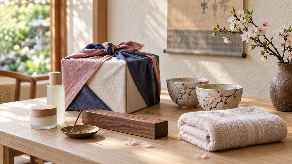 Understated Japanese luxury gifts arranged with furoshiki wrapping, sakura bowls, skincare, a cotton towel, and incense