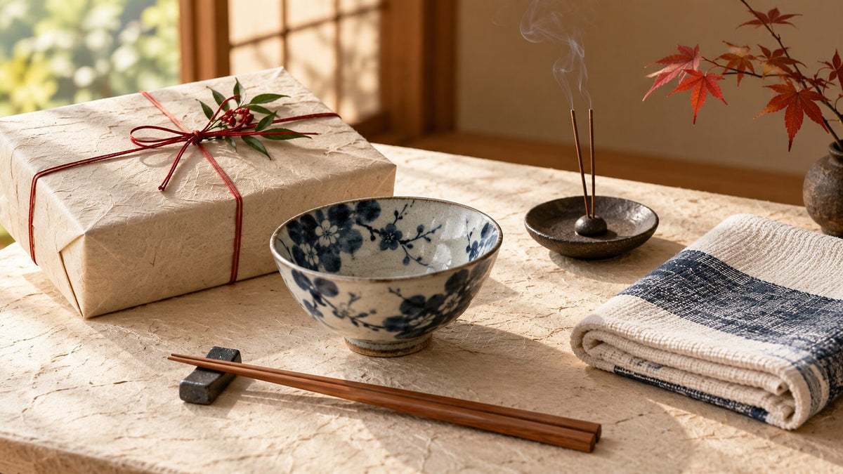 Wrapped Japanese gift with ceramic bowl, chopsticks, towel, and incense