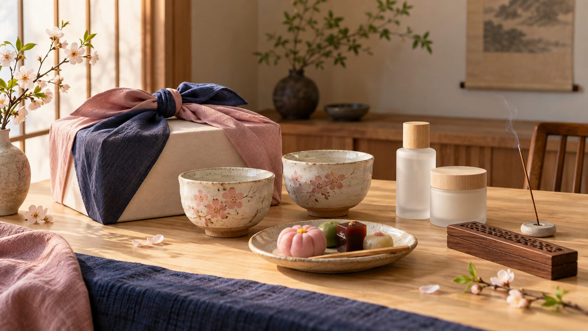 Japanese Valentine gift arrangement with furoshiki wrapping, sakura bowls, sweets, skincare, and incense
