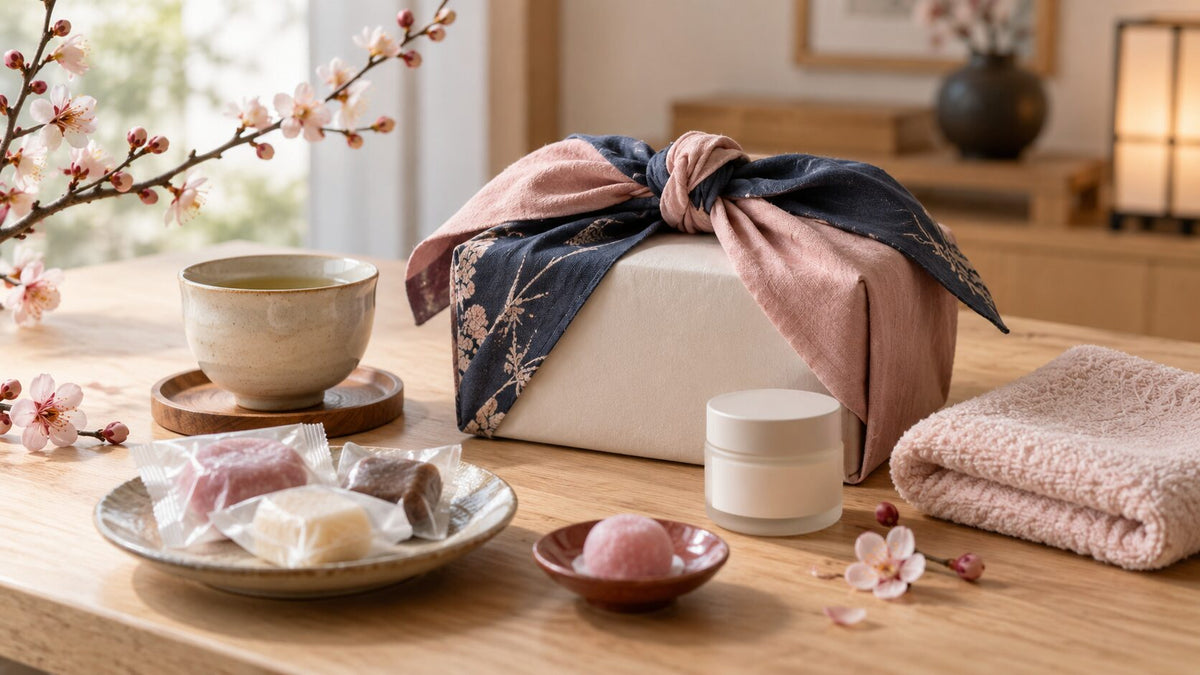 Japanese-inspired Valentine gifts arranged with furoshiki wrapping, tea, sweets, a cotton towel, and unbranded skincare