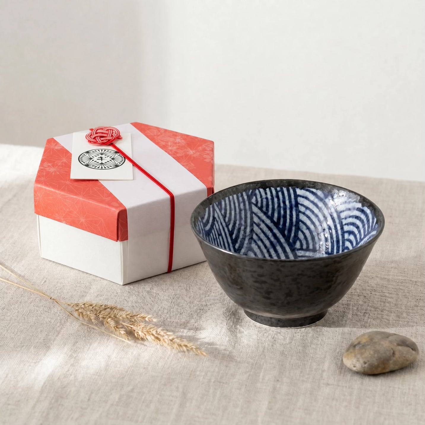 Japanese Porcelain Rice Bowl Black Stone with Blue Waves Interior Pattern 13cm