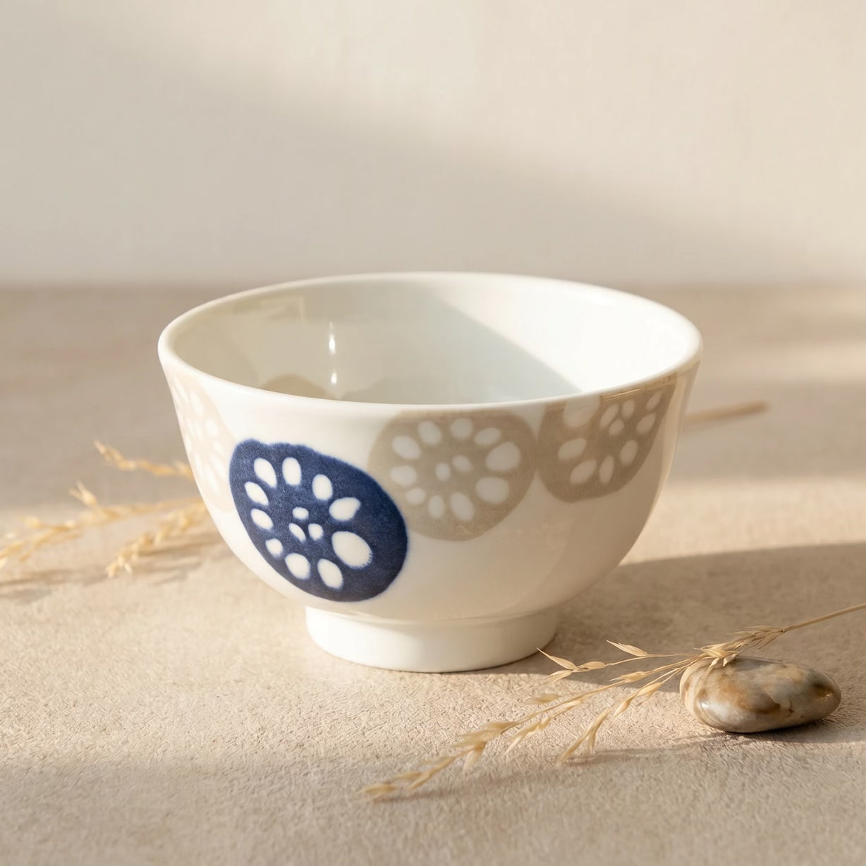 Japanese Porcelain Rice Bowl Blue & Beige Lotus Root Pattern 13cm