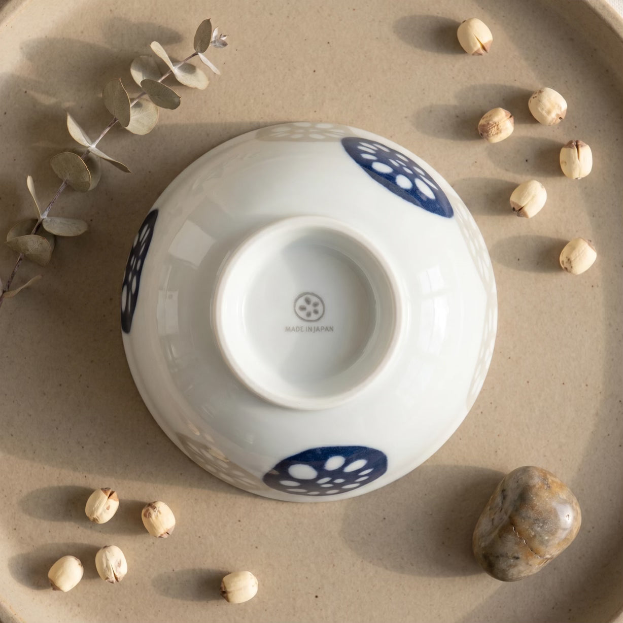 Japanese Porcelain Rice Bowl Blue & Beige Lotus Root Pattern 13cm