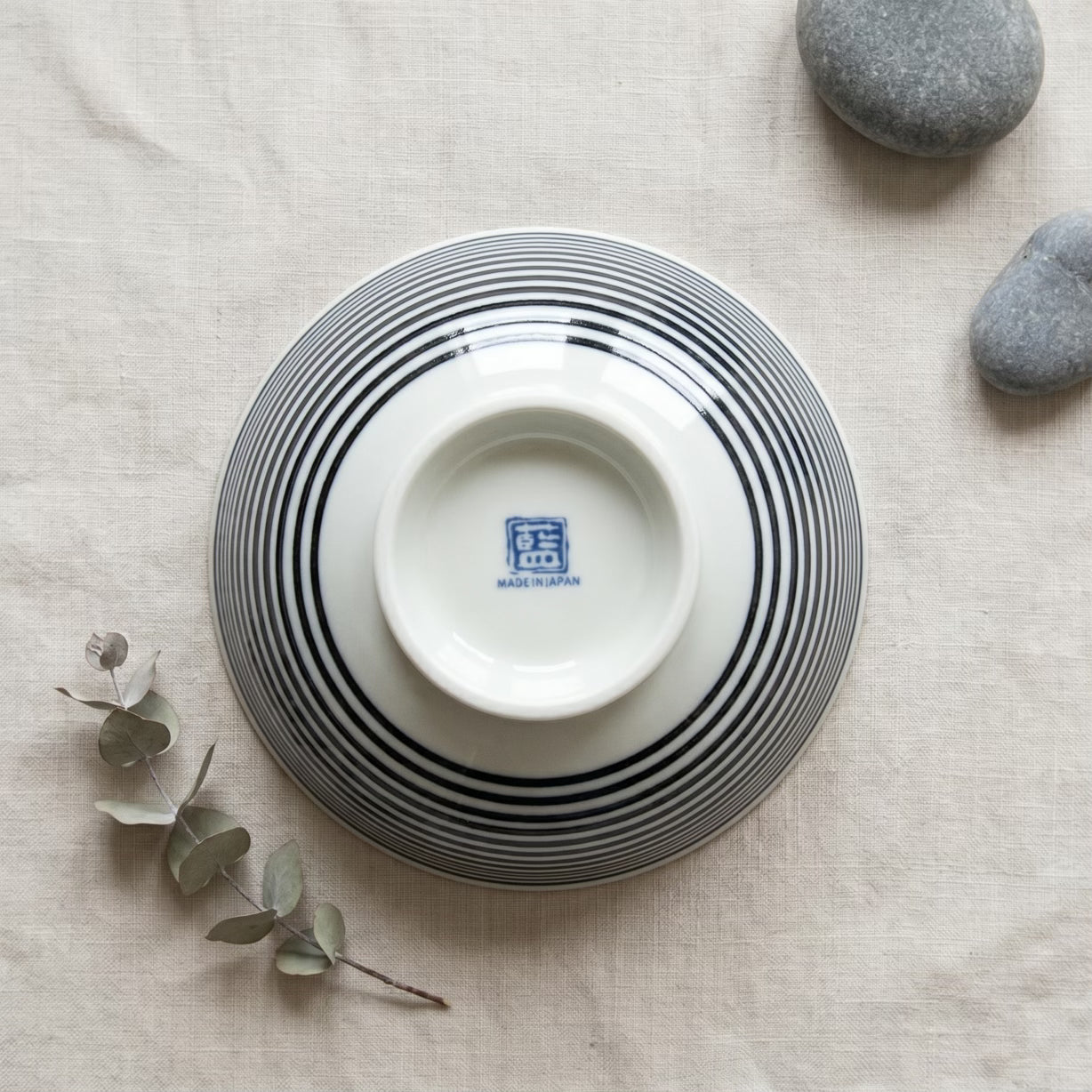 Japanese Porcelain Rice Bowl Blue & White Fine Stripe Pattern 13cm