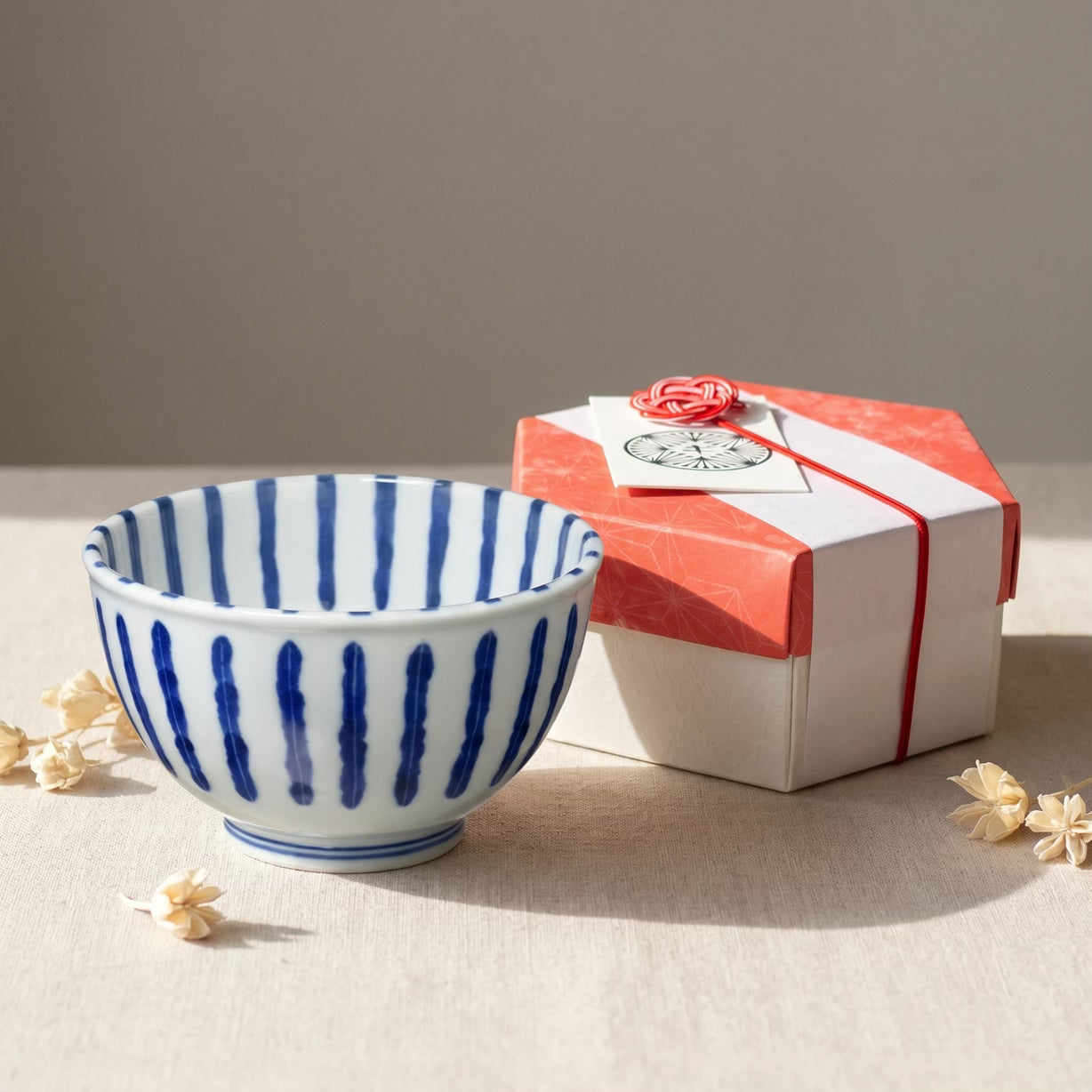 Japanese Porcelain Rice Bowl Blue & White Tokusa Stripe Pattern 13cm