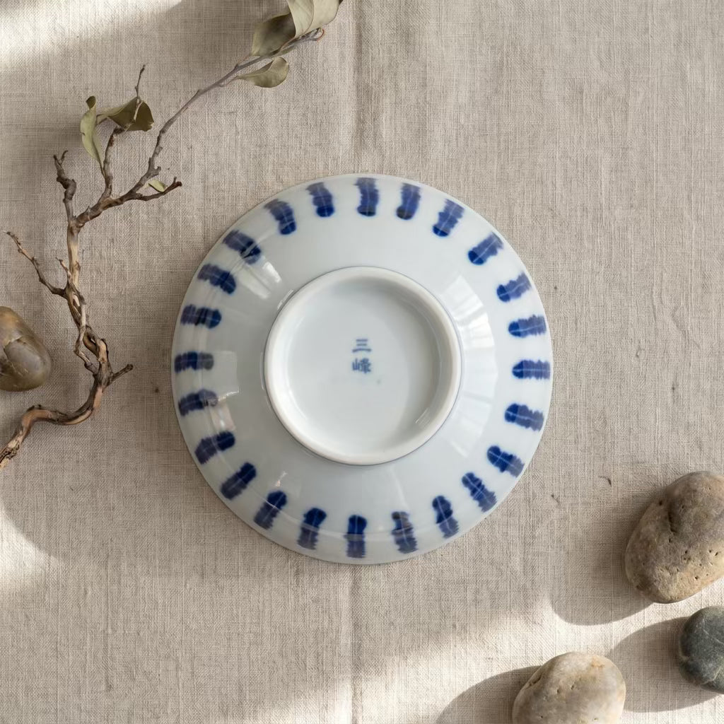 Japanese Porcelain Rice Bowl Blue & White Tokusa Stripe Pattern 13cm