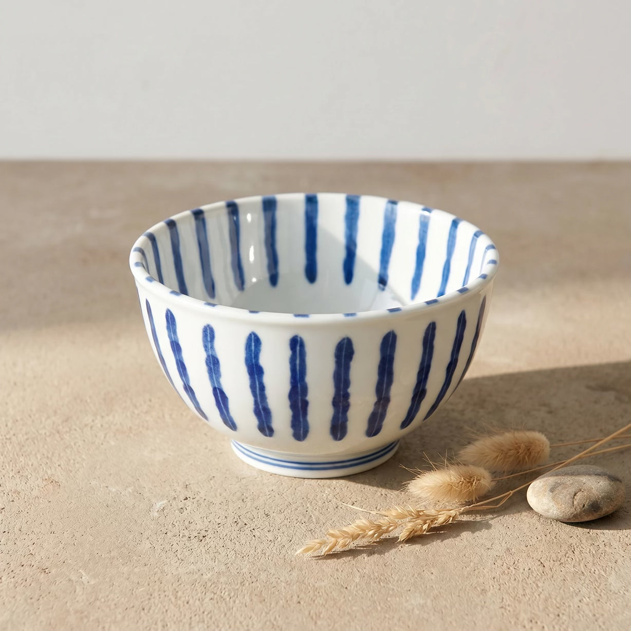 Japanese Porcelain Rice Bowl Blue & White Tokusa Stripe Pattern 13cm