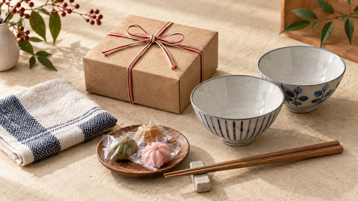 Thoughtfully wrapped Japanese gift with ceramic bowls, chopsticks, towel, and sweets