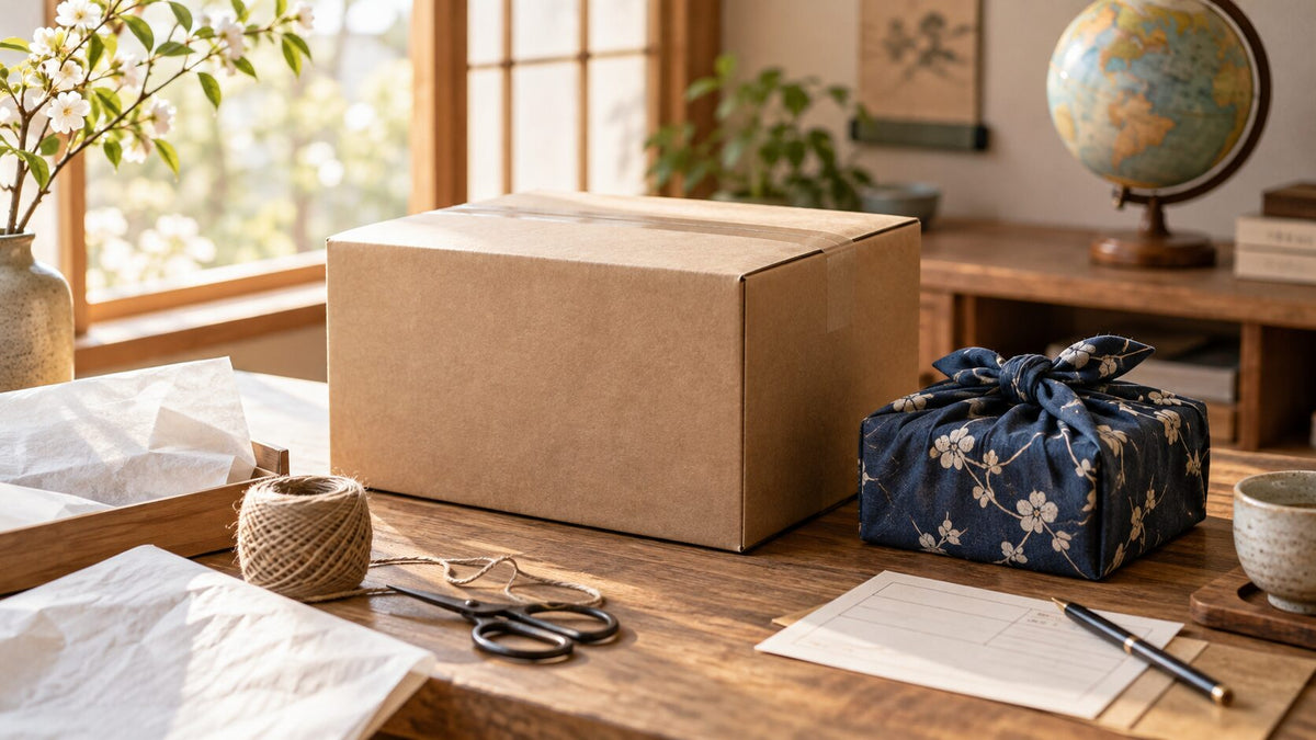 Japanese gift and shipping box prepared for international delivery on a wooden packing table