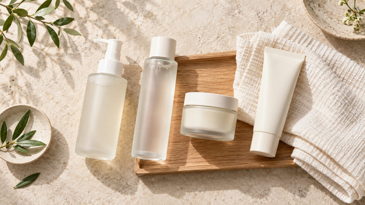 Minimal Japanese skincare routine with cleanser, lotion, cream, and sunscreen