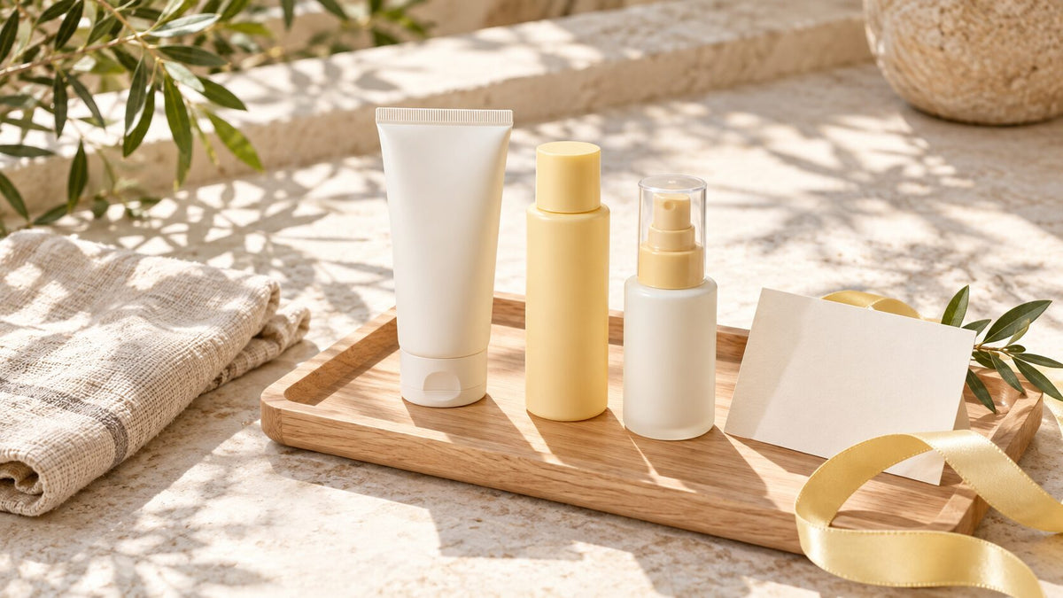 Unbranded Japanese sunscreen gift with tube, milk bottle, pump bottle, ribbon, and blank card