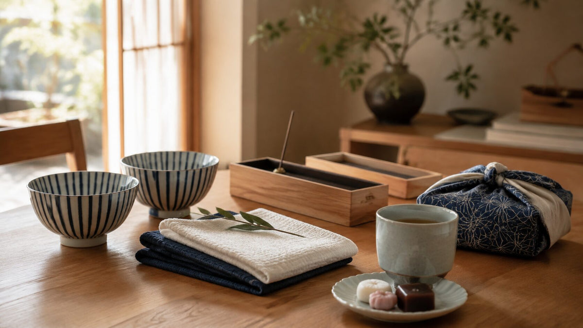 Thoughtful Japanese gifts for women in their 40s arranged with ceramic bowls, cotton towels, tea, sweets, incense, and furoshiki