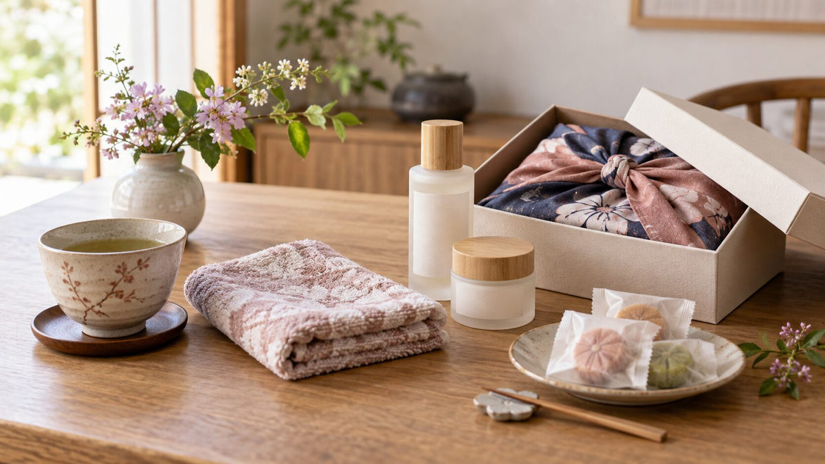 Thoughtful Japanese gifts arranged with tea, a cotton towel, unbranded skincare, sweets, and furoshiki wrapping