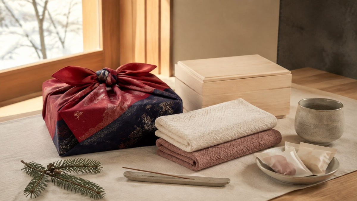 Japanese Christmas gifts for her arranged with furoshiki wrapping, cotton towels, tea, incense, sweets, and a wooden gift box