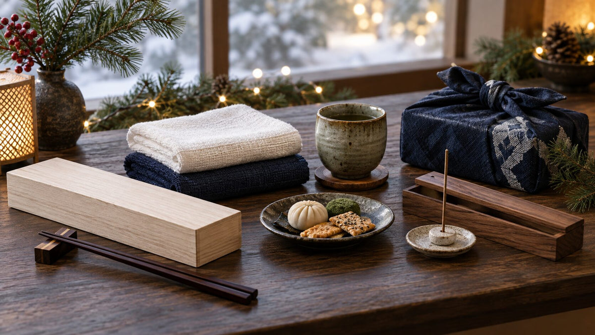 Japanese Christmas gifts for men arranged with lacquered chopsticks, cotton towels, tea, snacks, incense, and furoshiki