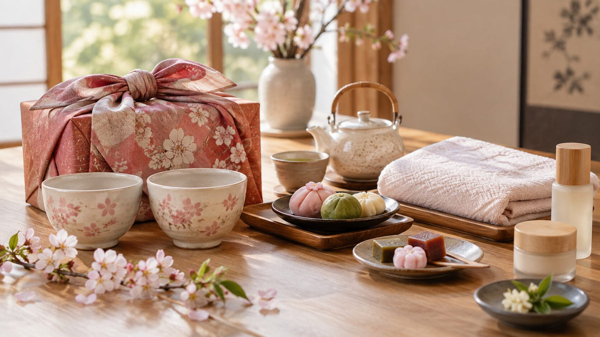Japanese-inspired birthday gift arrangement with wrapped present, sakura bowls, towels, tea, sweets, and unbranded skincare