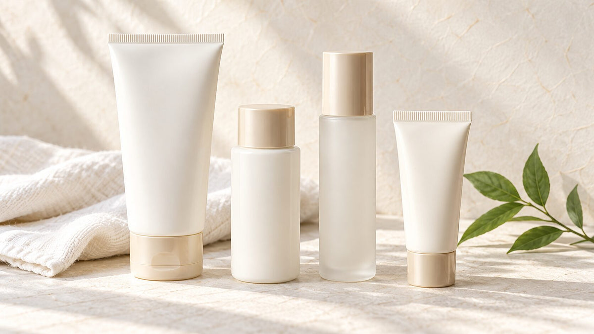 Four unbranded sunscreen containers in gel, milk, essence, and cream formats