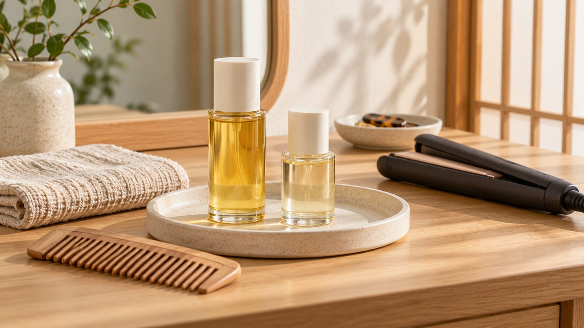 Unbranded hair oils, wooden comb, folded towel, and styling iron on a warm wooden dressing table