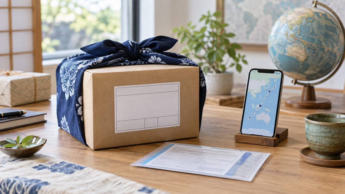 Japanese gift parcel prepared for international shipping with a blank label, customs documents, tracking map, and globe