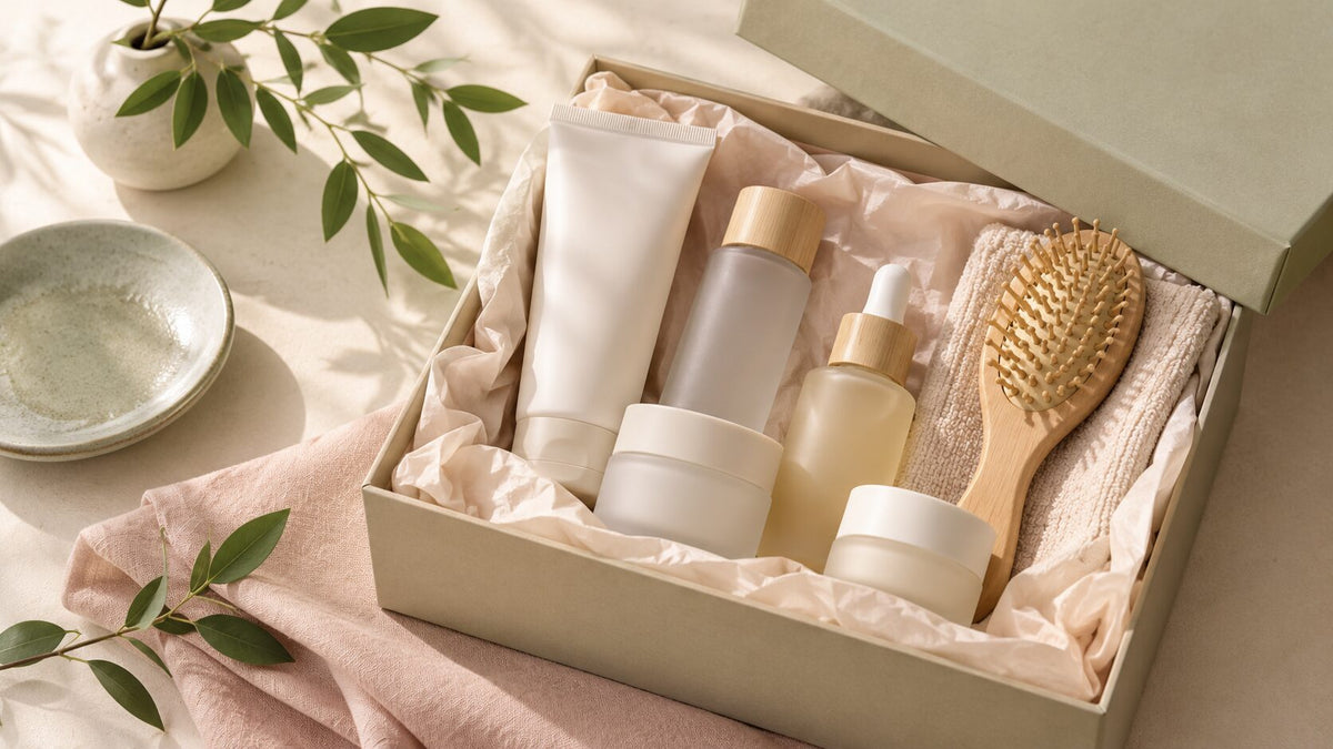 Unbranded Japanese beauty gift set with skincare containers, a wooden hairbrush, and a folded towel