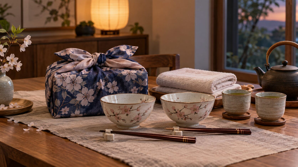 Japanese-inspired gift arrangement for a couple with paired bowls, chopsticks, towels, tea, and furoshiki wrapping