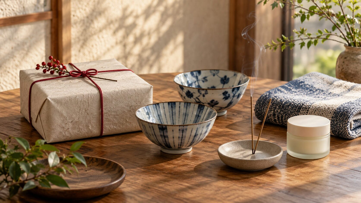 Thoughtful Japanese gift with ceramic bowls, towel, incense, and skincare