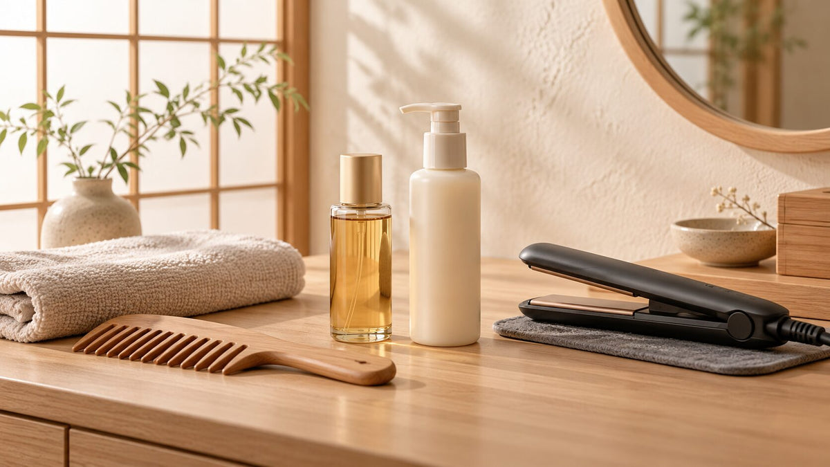 Unbranded hair oil and hair milk beside a wooden comb and styling iron on a warm wooden dressing table