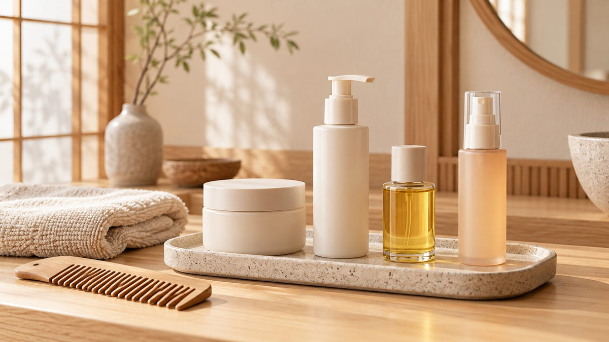 Unbranded Japanese hair mask, hair milk, hair oil, and leave-in essence arranged with a wooden comb and folded towel