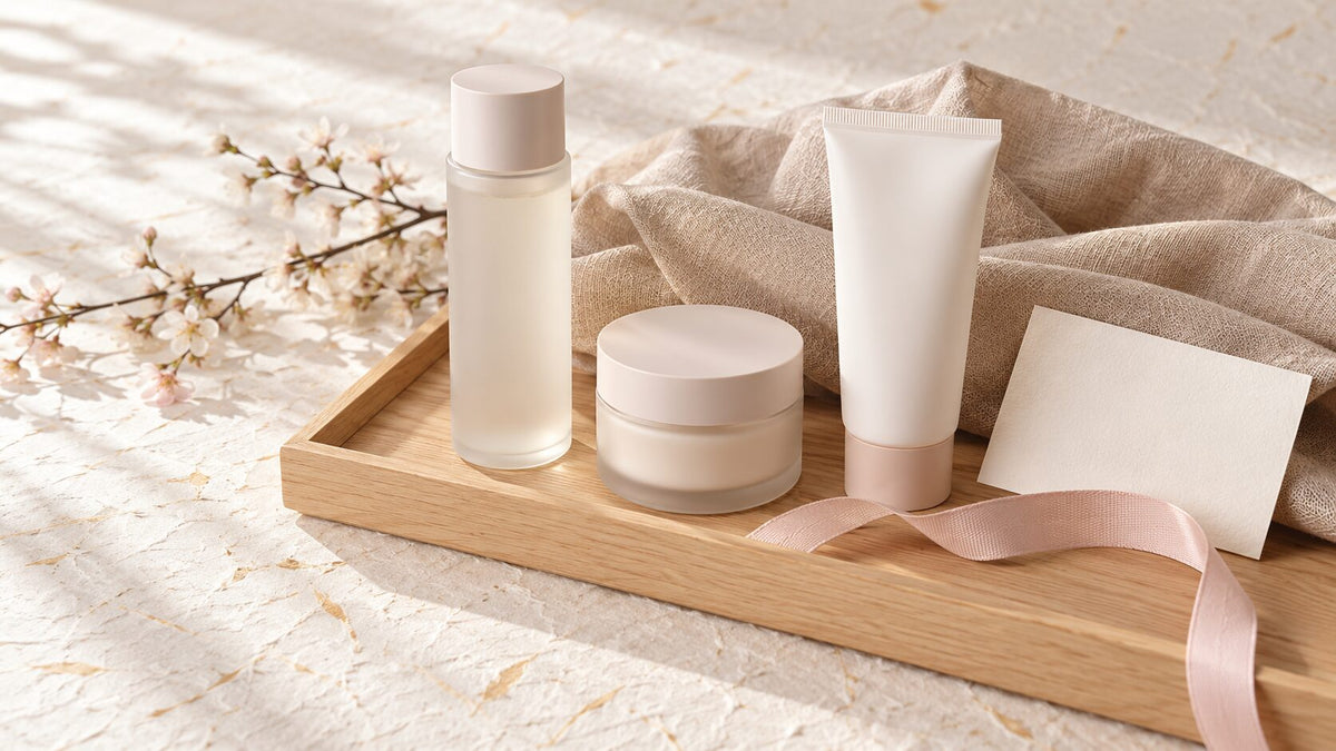 Unbranded Japanese skincare gift with lotion, moisturizer, sunscreen, ribbon, and blank card