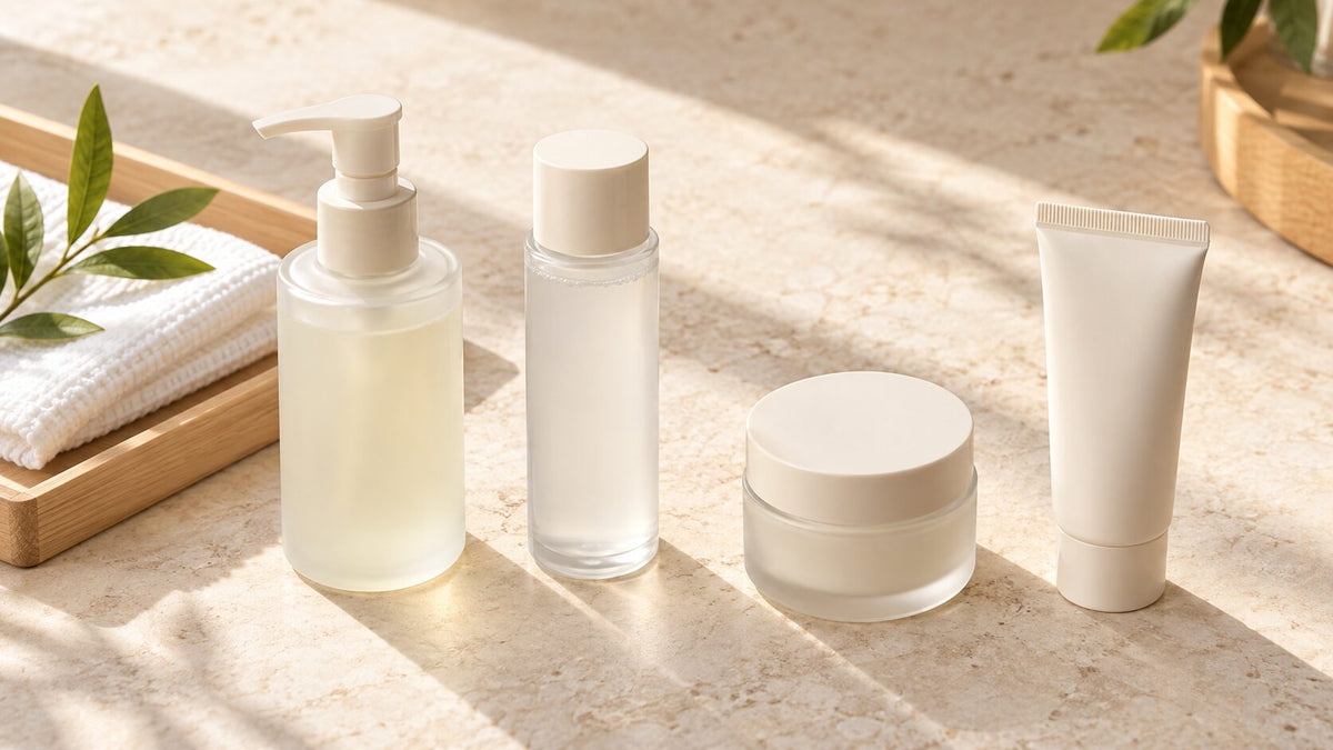 Simple Japanese skincare routine with cleanser, hydrating lotion, moisturizer, and sunscreen
