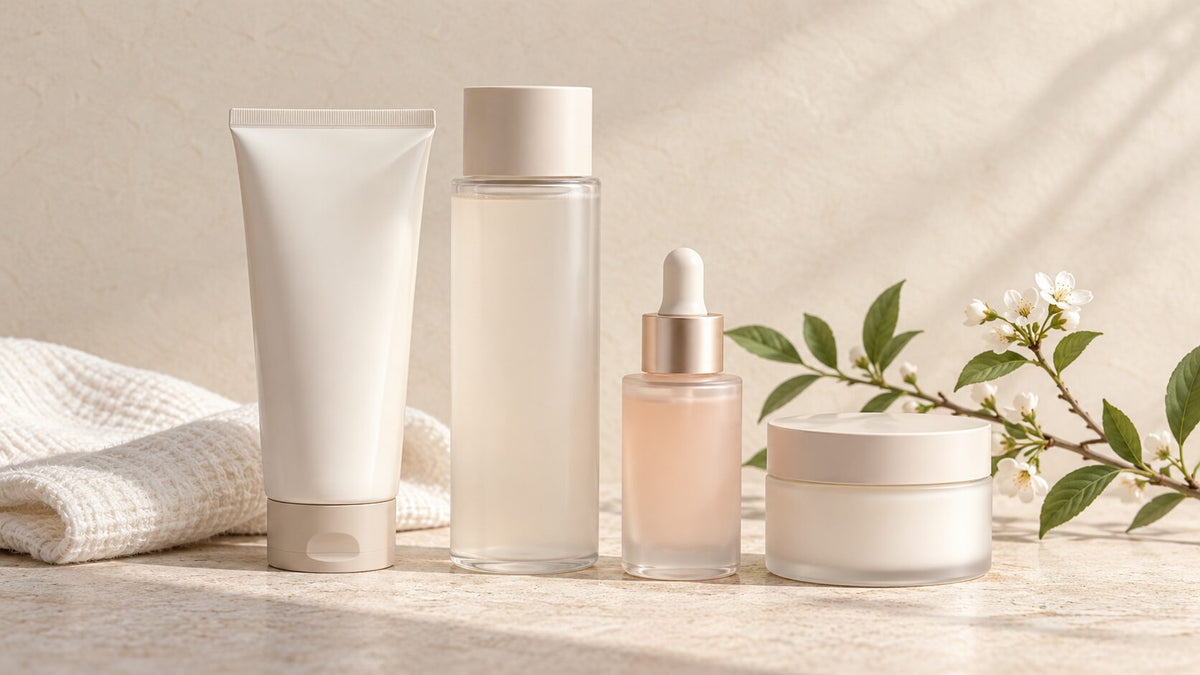 Unbranded Japanese skincare routine with cleanser, lotion, serum, and cream