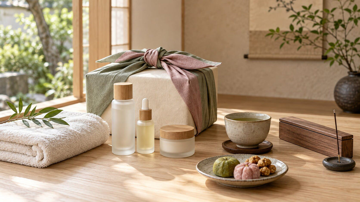 Japanese-inspired self-care gifts arranged with furoshiki wrapping, skincare, an Imabari-style towel, tea, sweets, and incense