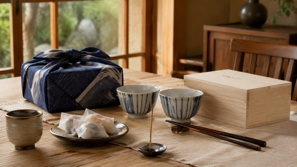 Traditional Japanese gifts arranged with furoshiki wrapping, rice bowls, lacquered chopsticks, incense, tea, and sweets