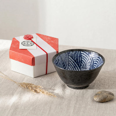 Japanese Porcelain Rice Bowl Black Stone with Blue Waves Interior Pattern 13cm