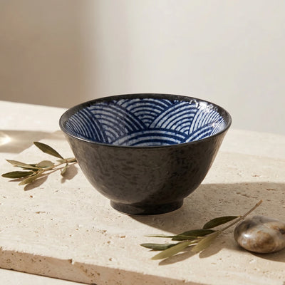 Japanese Porcelain Rice Bowl Black Stone with Blue Waves Interior Pattern 13cm