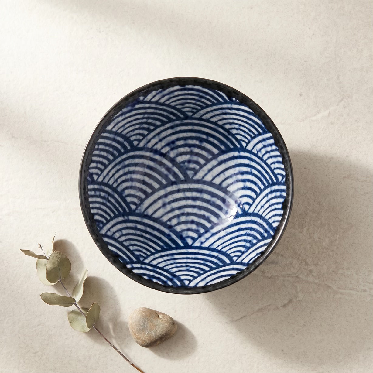 Japanese Porcelain Rice Bowl Black Stone with Blue Waves Interior Pattern 13cm
