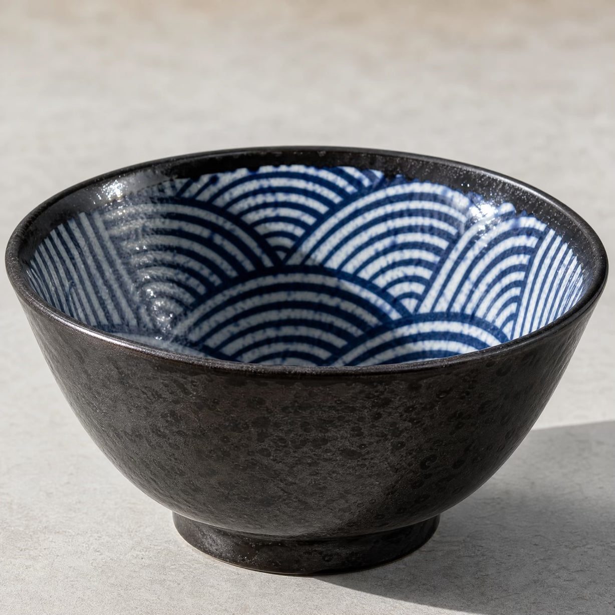 Japanese Porcelain Rice Bowl Black Stone with Blue Waves Interior Pattern 13cm