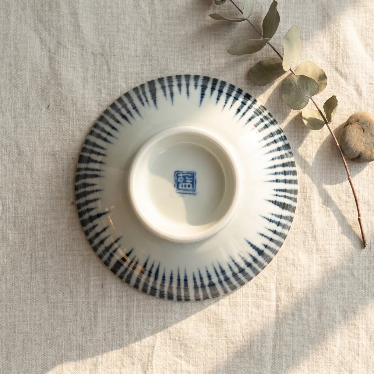 Japanese Mino Ware Porcelain Rice Bowl Blue Sendan Tokusa Pattern 13cm